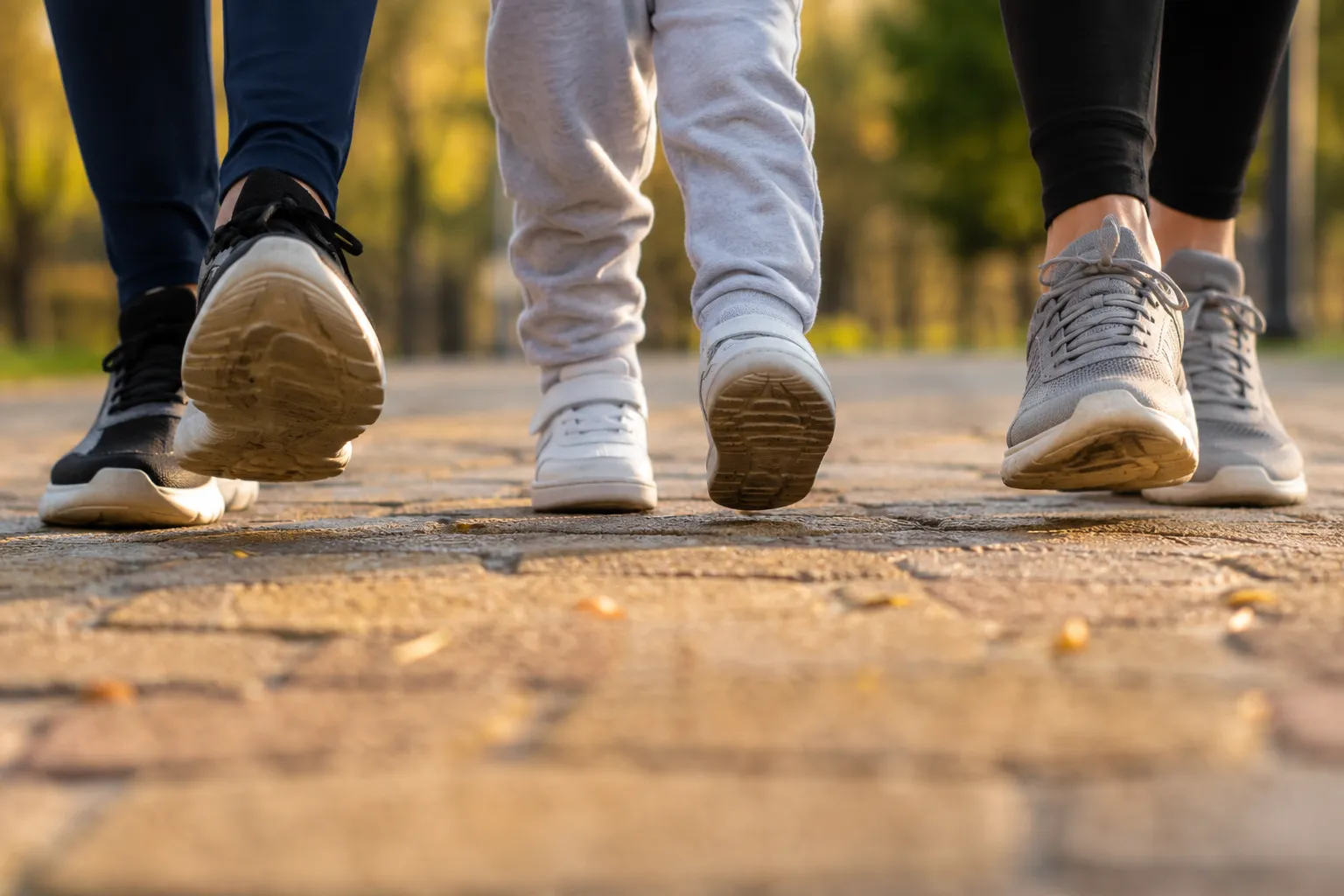 Family walking together outdoors on healthy feet